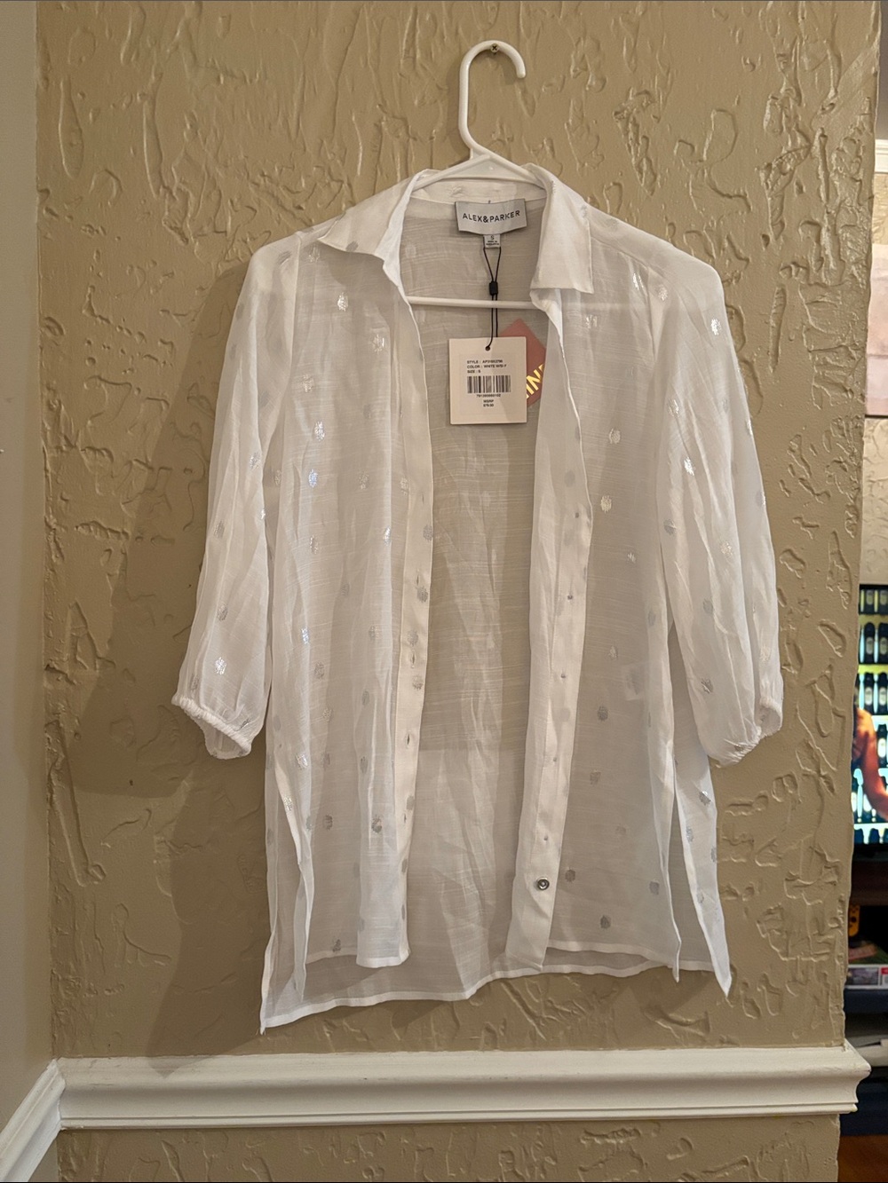 Alex & Parker Sheer White Blouse with Silver Shiny Accents